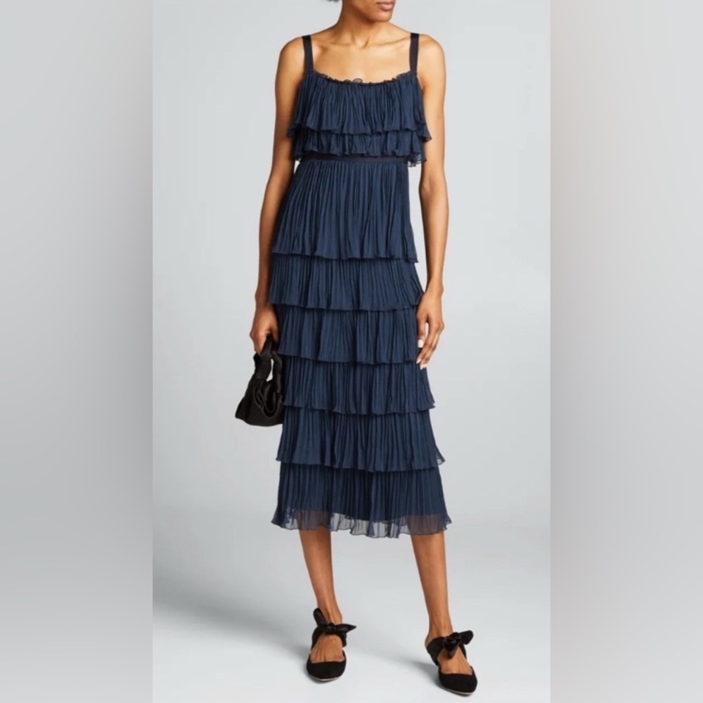 Cinq A Sept Eliane Midi dress Pleated  & Tiered in Dark Indigo Blue Size 6 NWT